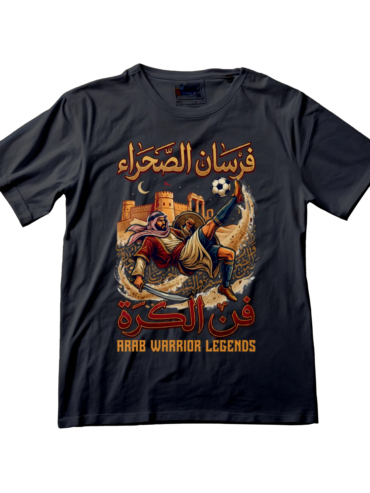 Premium men's streetwear football tee - Warrior legends horseback riding and bicycle kick design by Folklore FC - Front View