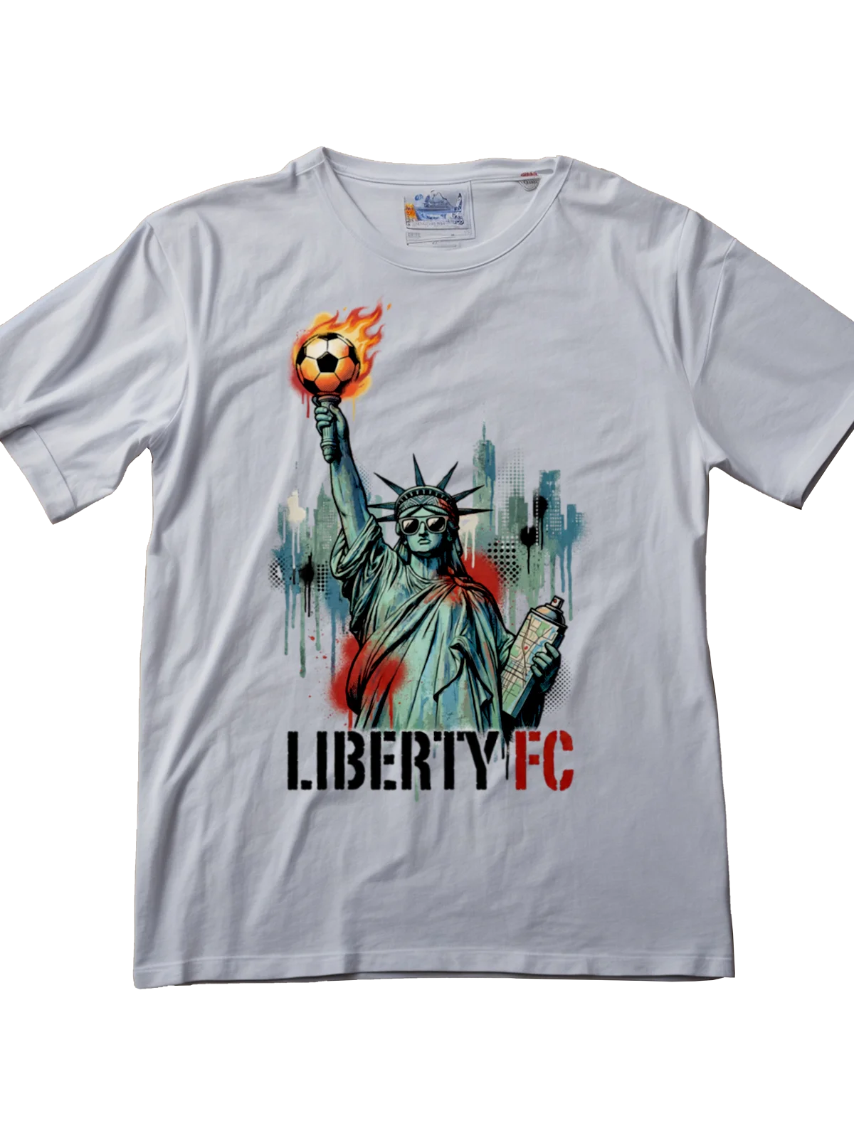 Artistic graffiti design of the Statue of Liberty holding a flaming soccer ball on a premium white women's t-shirt.
