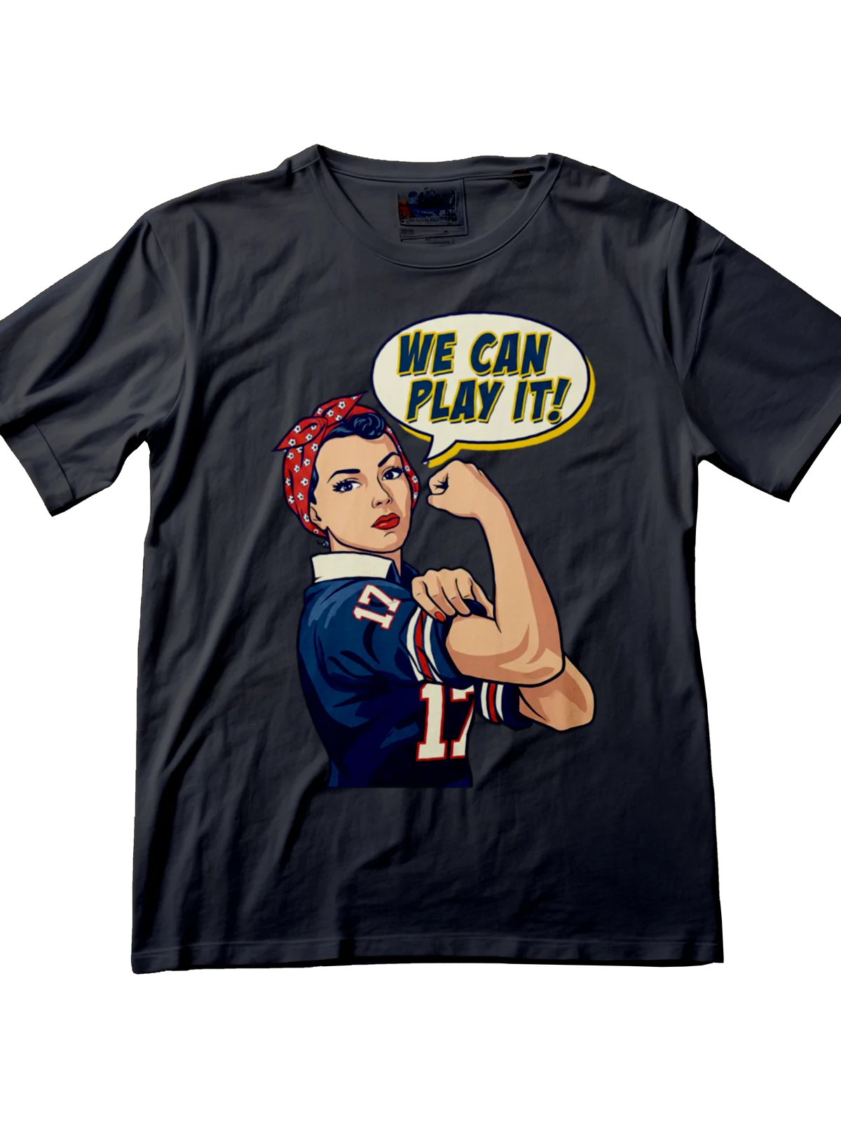 Retro-style illustration of Rosie the Riveter in a soccer kit, flexing a bicep with a ball, vintage poster aesthetic.