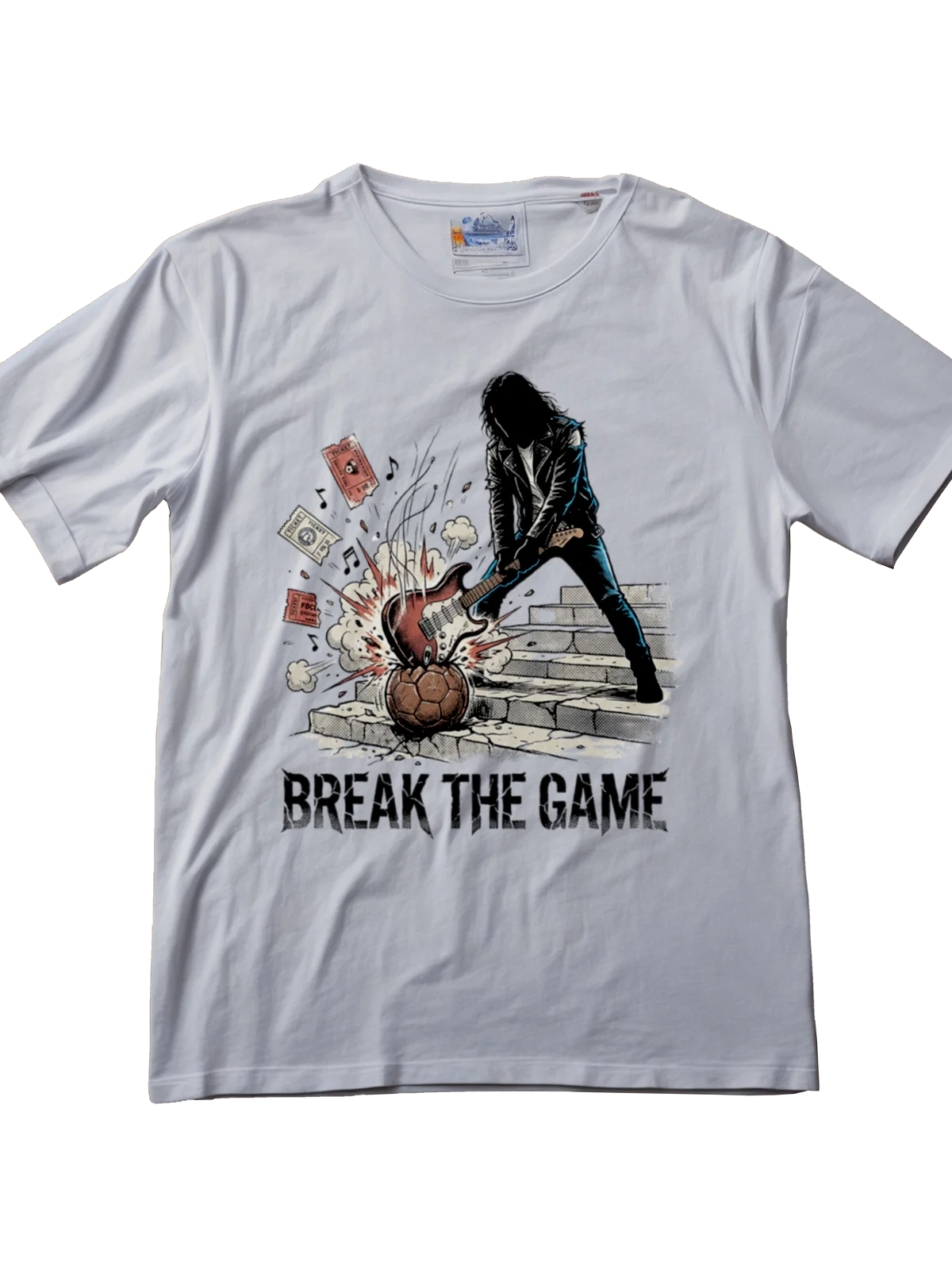 Gritty silhouette of a rock star smashing a guitar against a soccer ball on a white premium t-shirt.