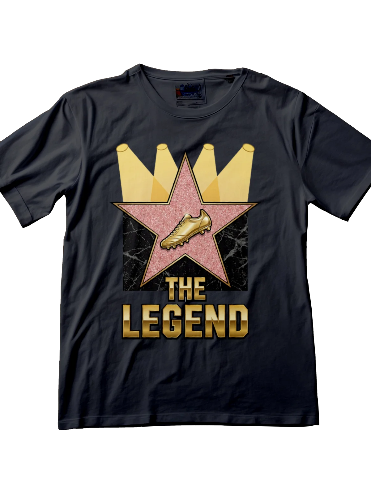 Iconic Hollywood walk of fame star featuring a golden soccer cleat and movie spotlights on a dark jersey.