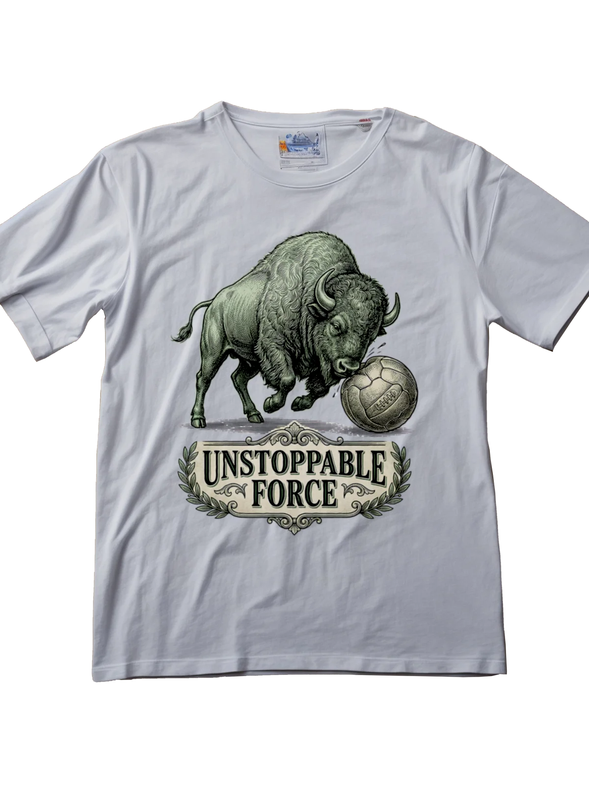 Powerful woodcut illustration of an American bison charging at a vintage soccer ball, frontier spirit theme.