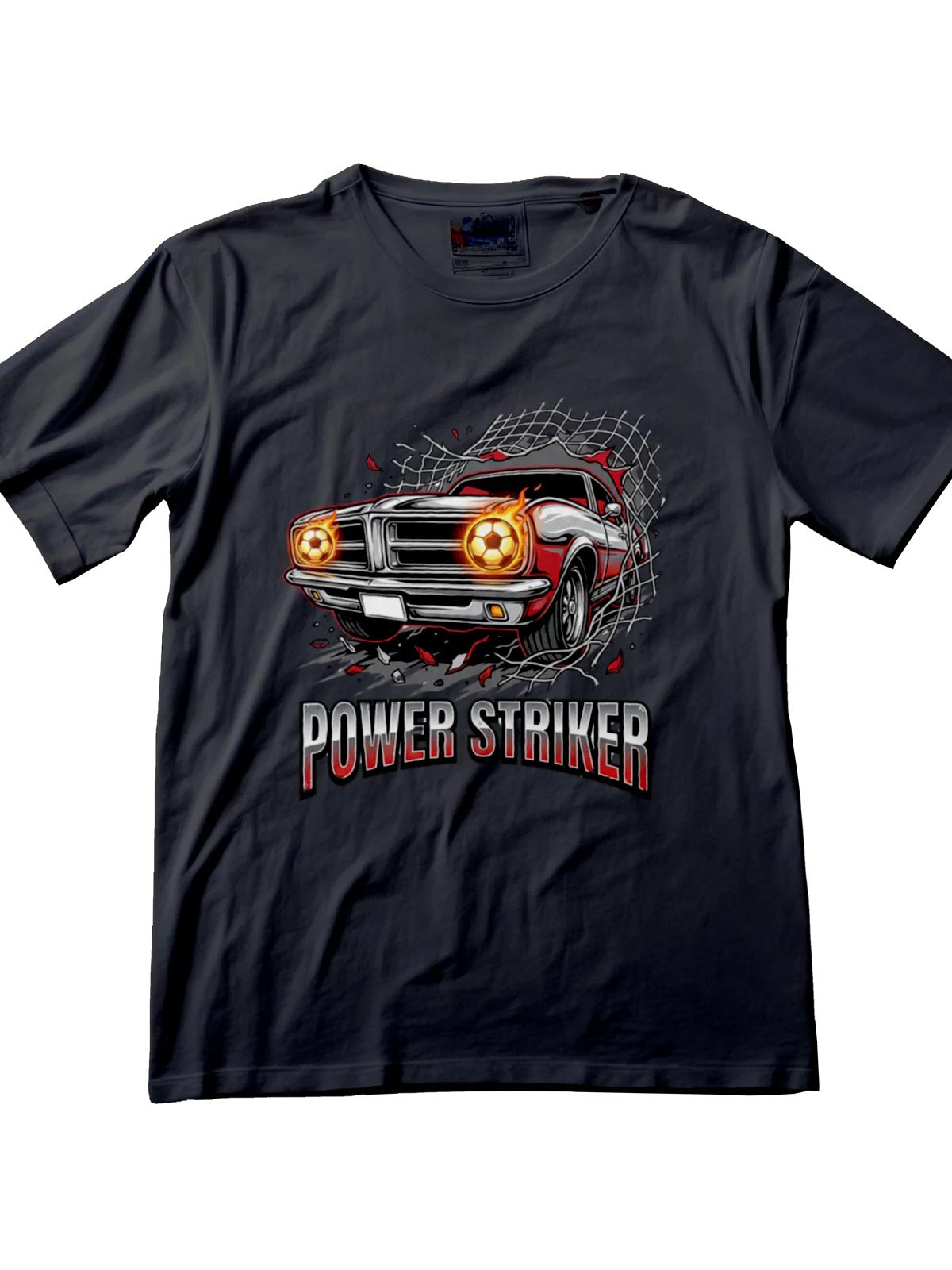 Vibrant red classic muscle car with burning soccer ball headlights bursting through a stadium net.