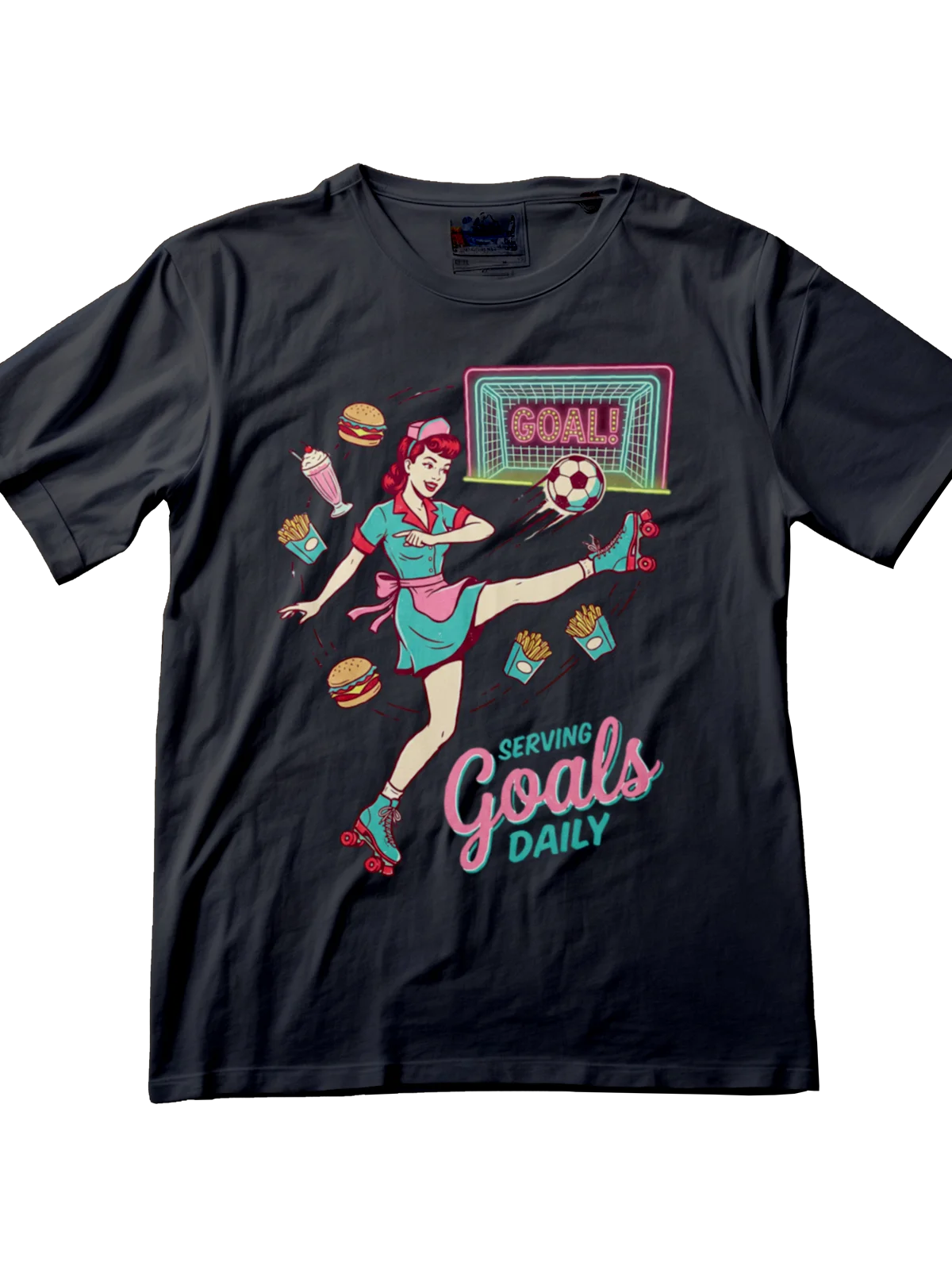 Vibrant neon 'Goal Diner' illustration with a waitress on roller skates kicking a ball amidst flying milkshakes.